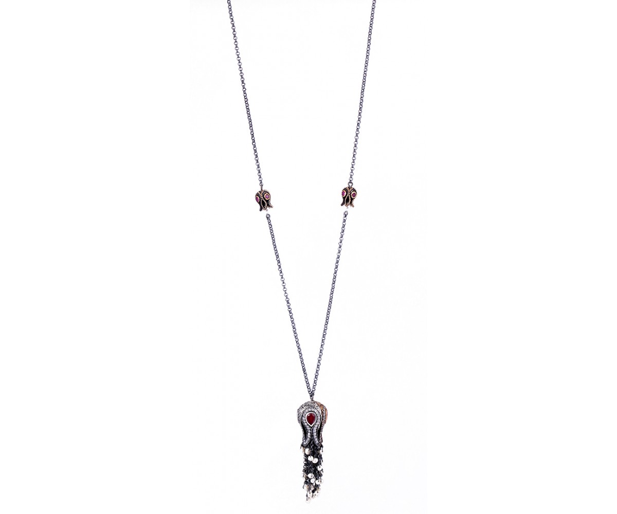 Gemstone Silver Tulip Tassel Necklace for evil eye protection