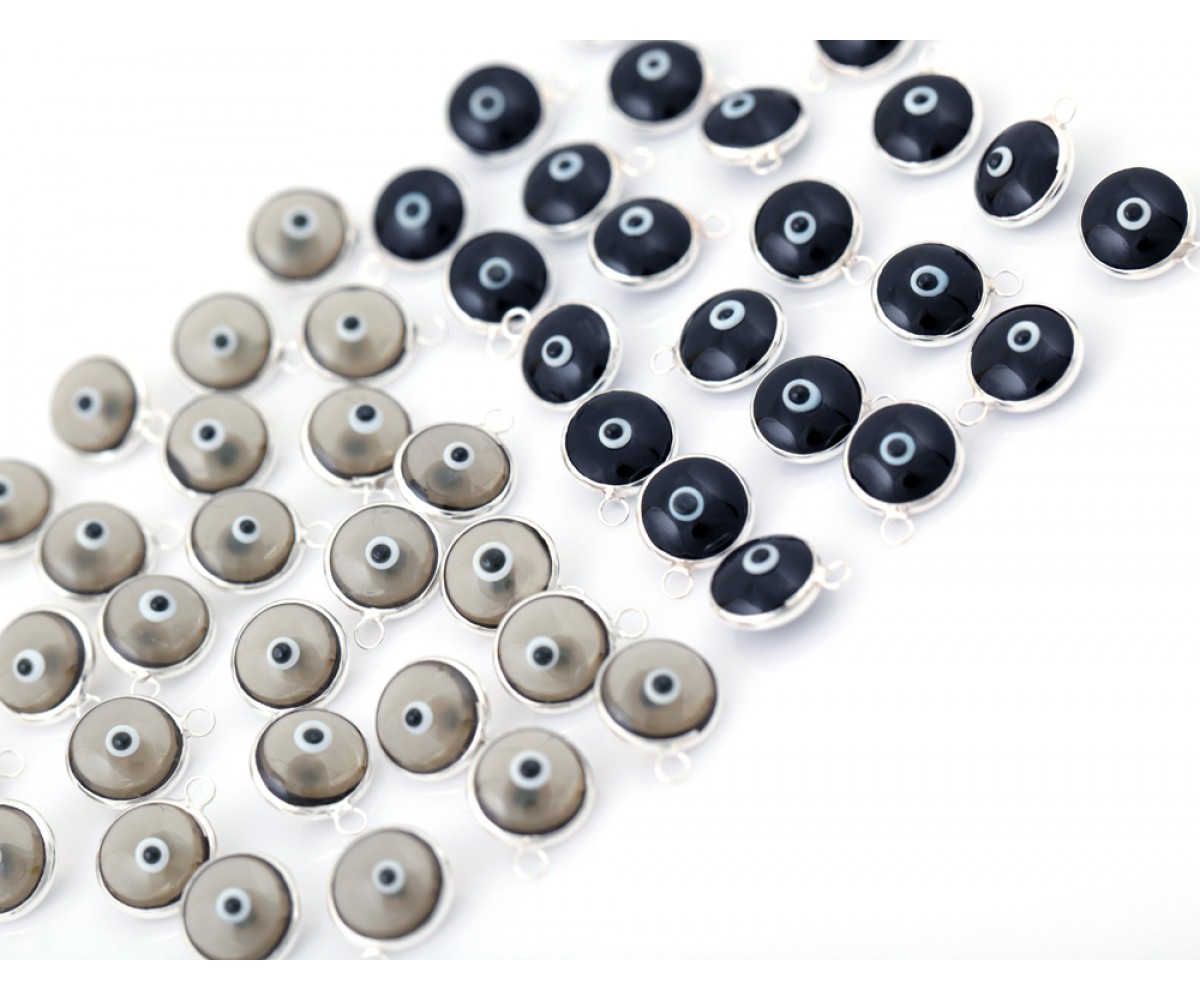Silver Evil Eye Beads Black Double Sided - 50 pcs for evil eye protection