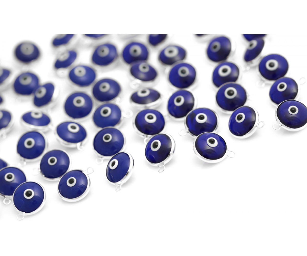 Silver Evil Eye Beads Blue Double Sided - 50 pcs for evil eye protection