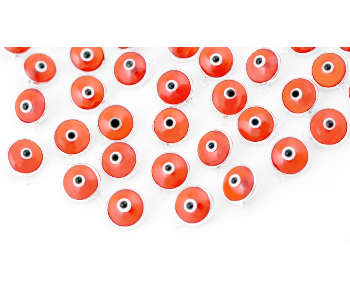 Silver Evil Eye Beads Orange Double Sided - 50 pcs for evil eye protection