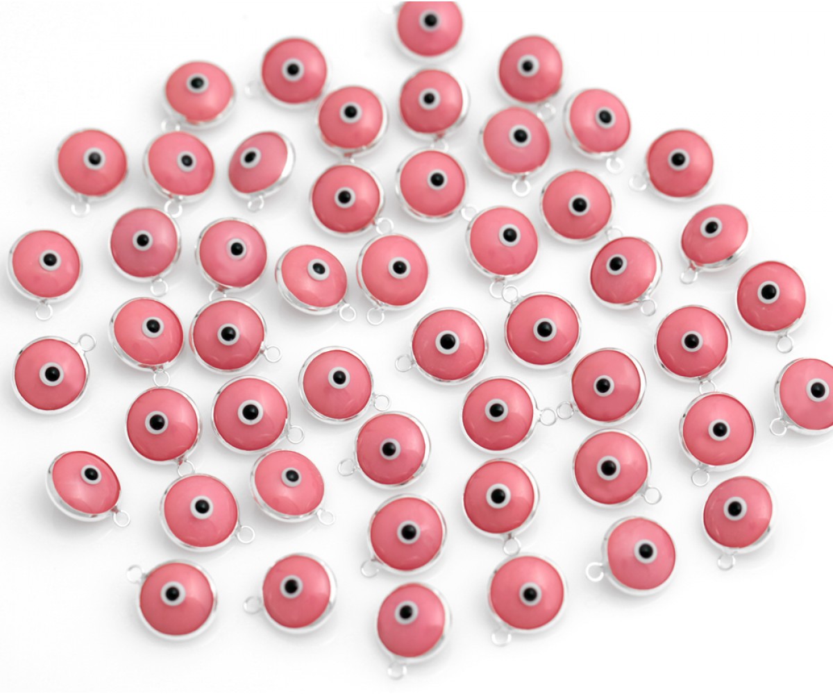 Silver Evil Eye Beads Pink Double Sided - 50 pcs for evil eye protection