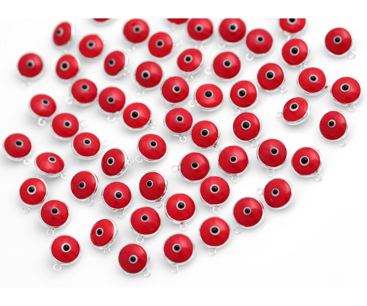 Silver Evil Eye Beads Red Double Sided - 50 pcs for evil eye protection