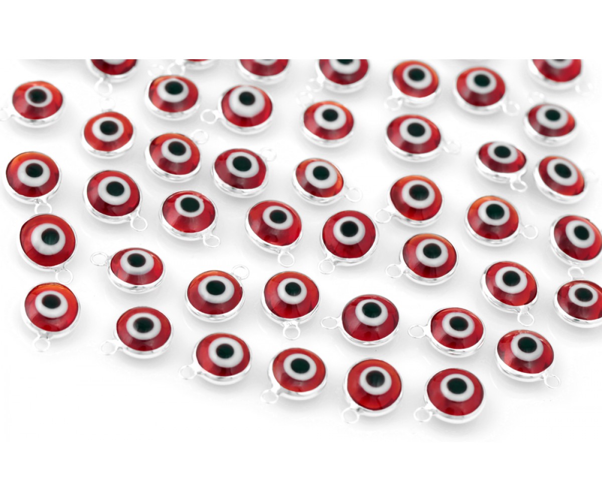 Silver Evil Eye Beads Red Double Sided - 50 pcs for evil eye protection