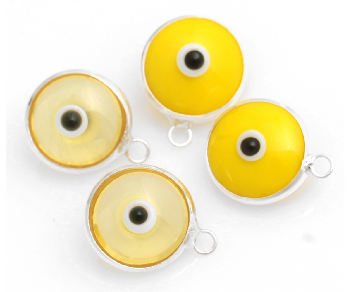 Silver Evil Eye Beads Yellow Double Sided - 50 pcs for evil eye protection