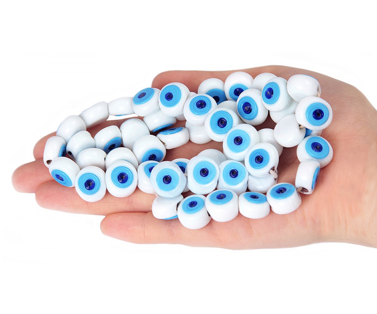 White Evil Eye Beads One Sided - 50 pcs for evil eye protection