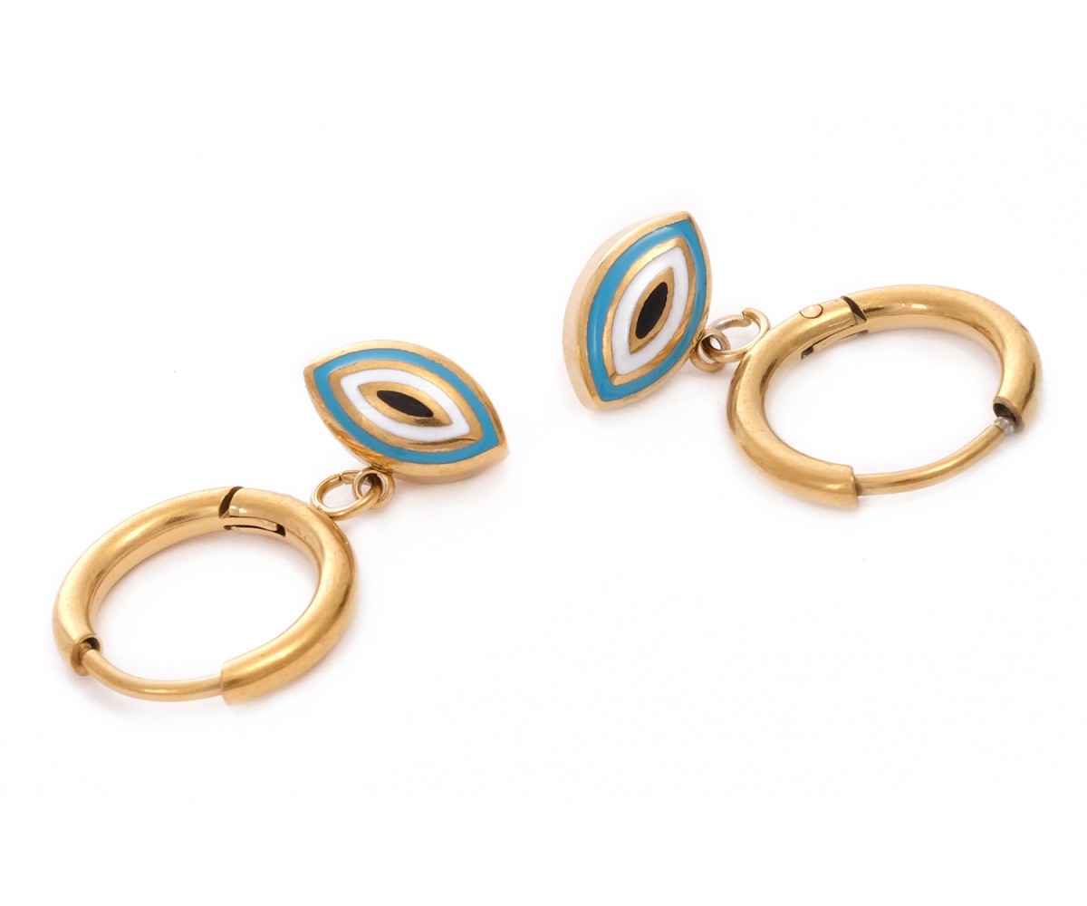 Fashion Evil Eye Earrings. 18K Gold plating over brass, enameled eye symbol.