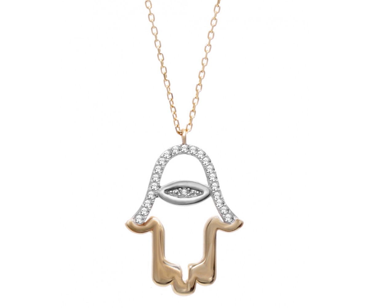 Hamsa Necklace Gold with Cz Stones for evil eye protection