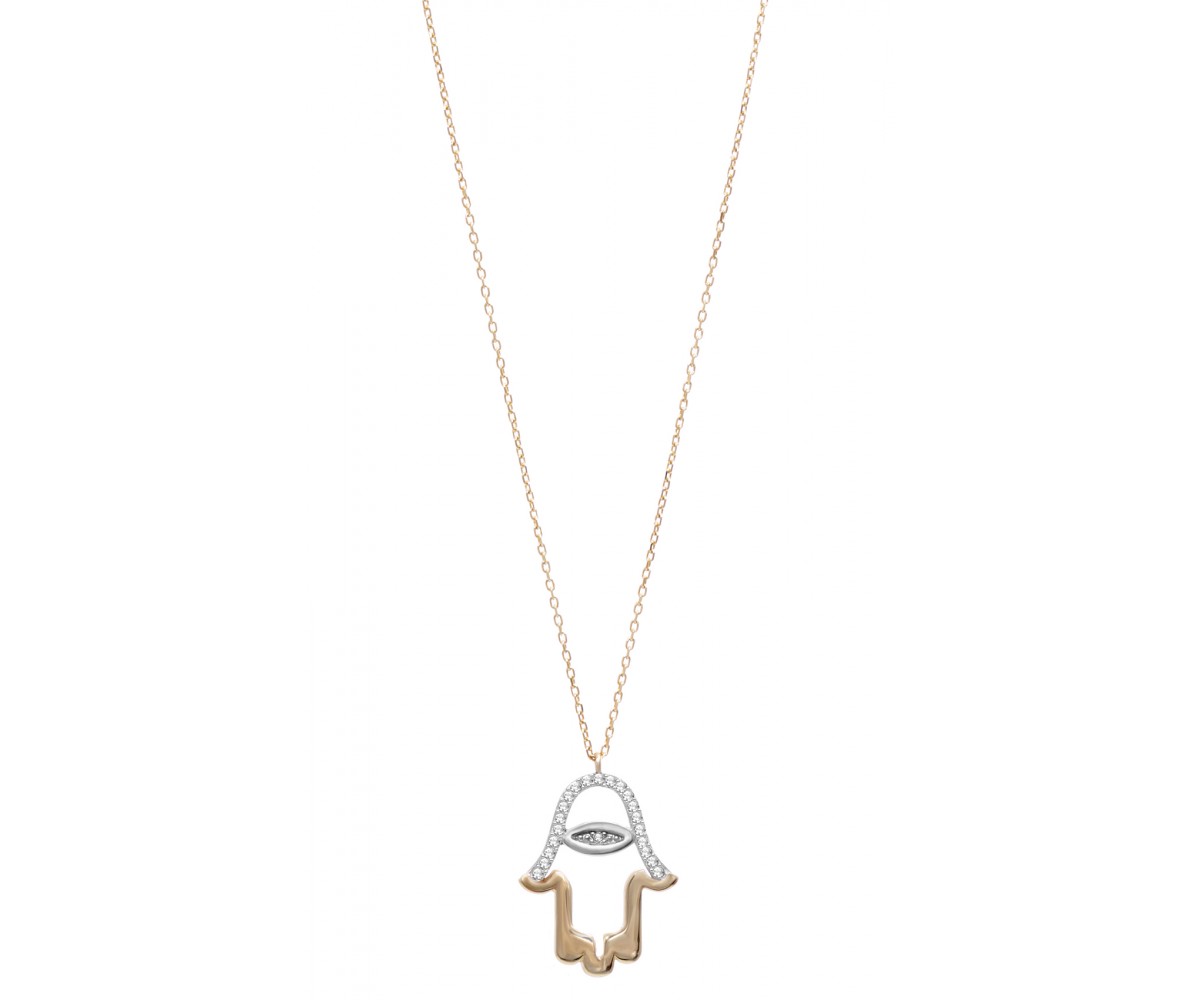 Hamsa Necklace Gold with Cz Stones for evil eye protection