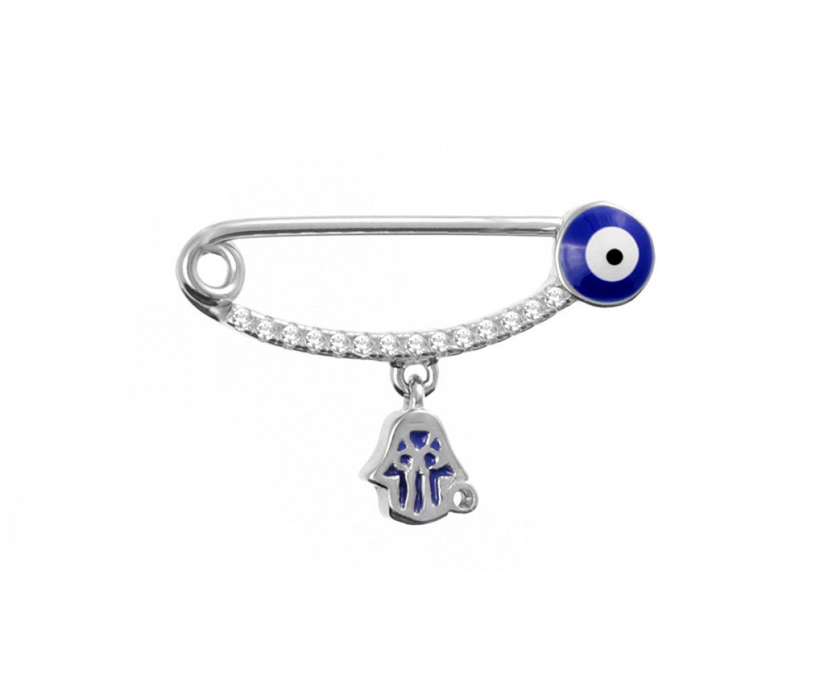 Baby Pin with Hamsa Charm for evil eye protection