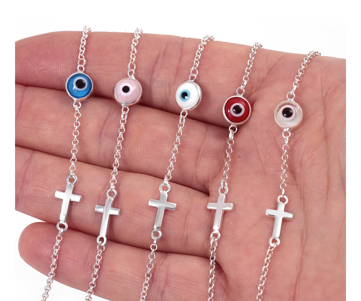 Evil Eye Bracelet with Mini Cross for evil eye protection