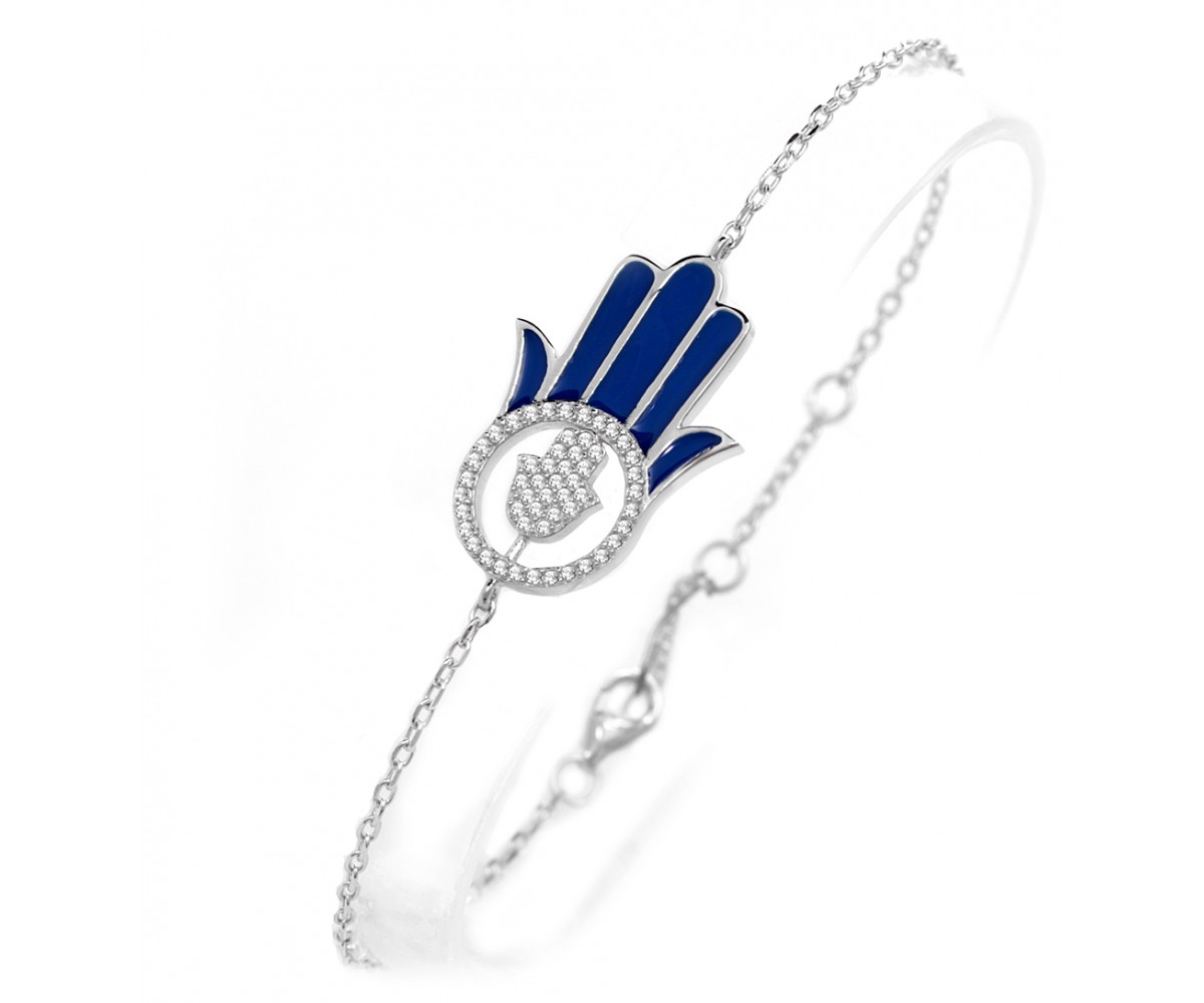 Hamsa Bracelet with Blue Enamel for evil eye protection