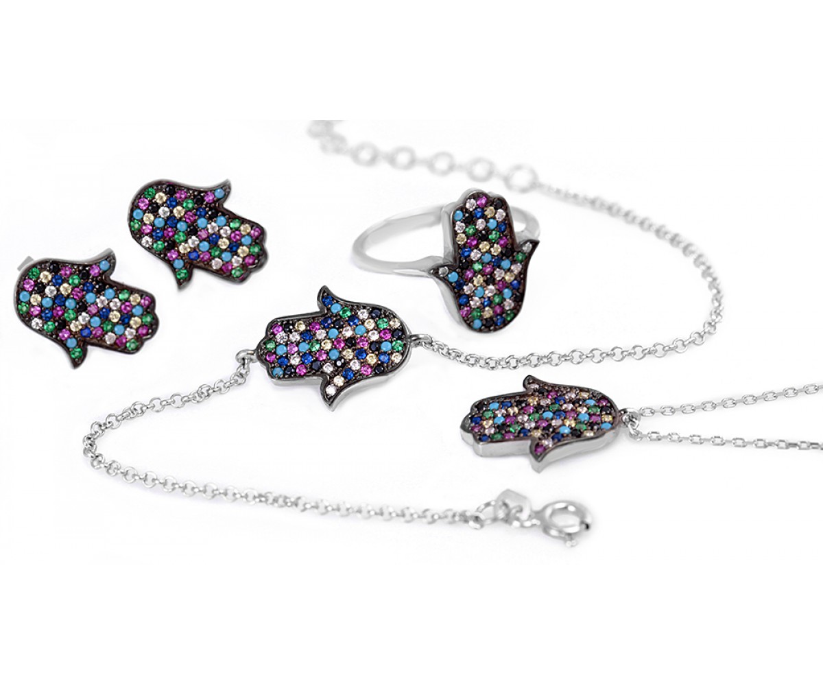 Hamsa Earrings with Multicolor Cz Stones for evil eye protection