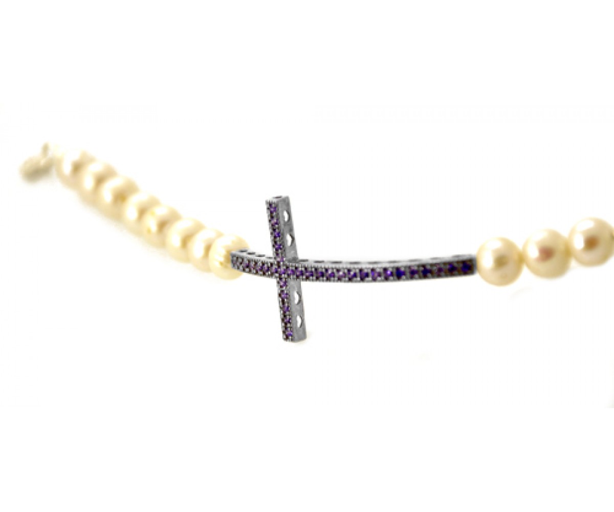 Pearl Amethyst Cross Bracelet for evil eye protection