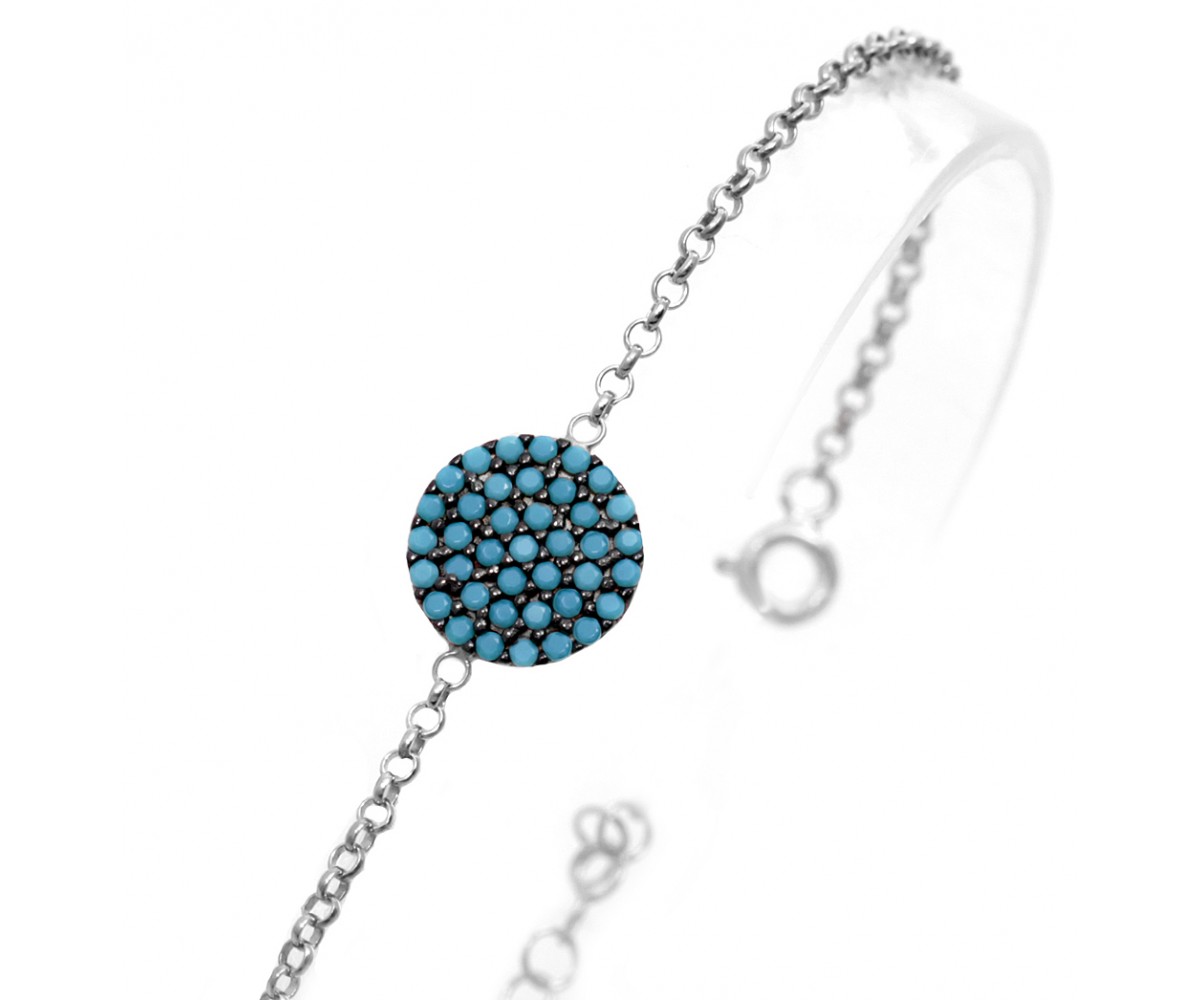 Silver Bracelet with Nano Turquoise Stones Disk for evil eye protection