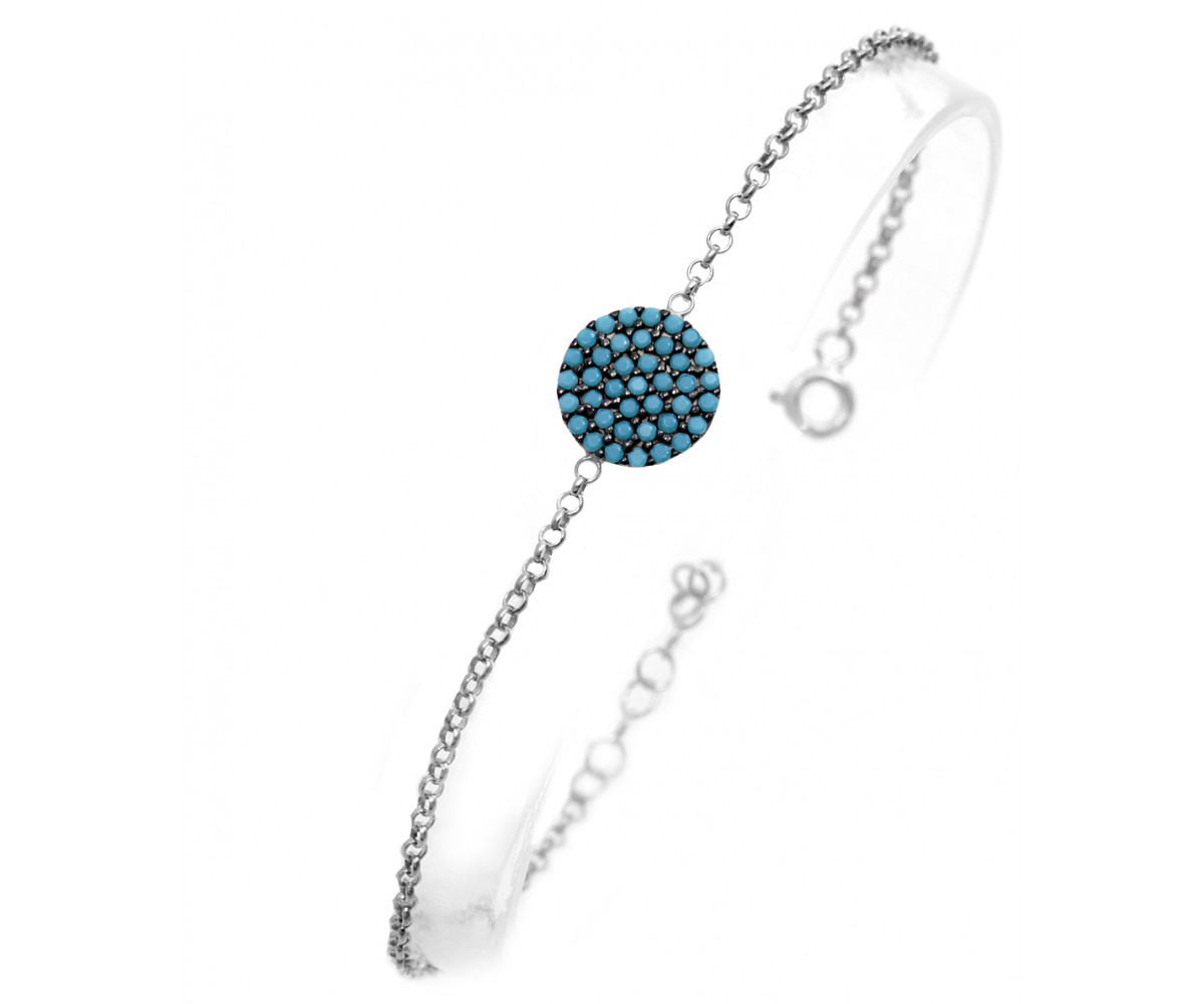 Silver Bracelet with Nano Turquoise Stones Disk for evil eye protection