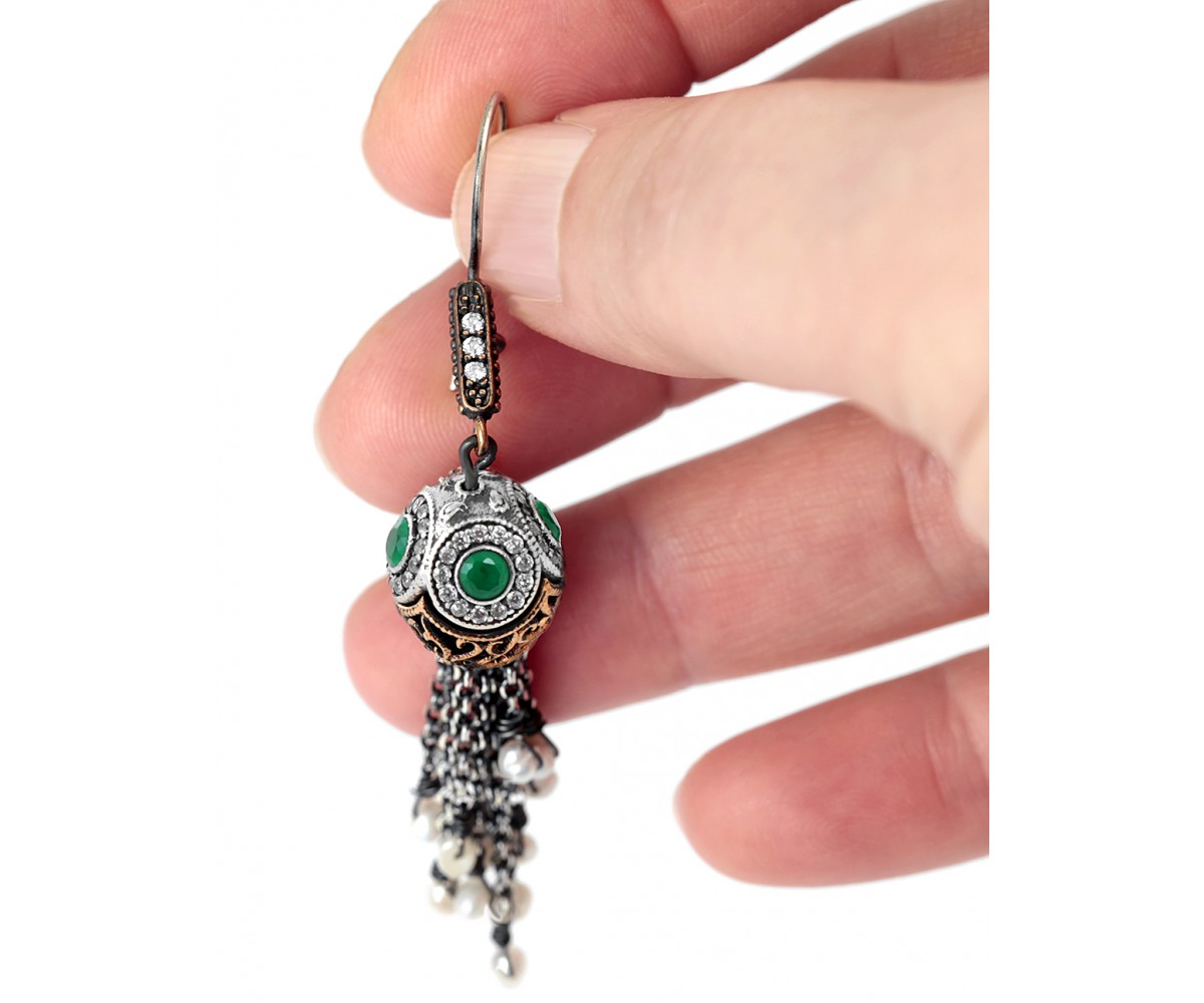 Turkish Emerald Tassle Earrings for evil eye protection