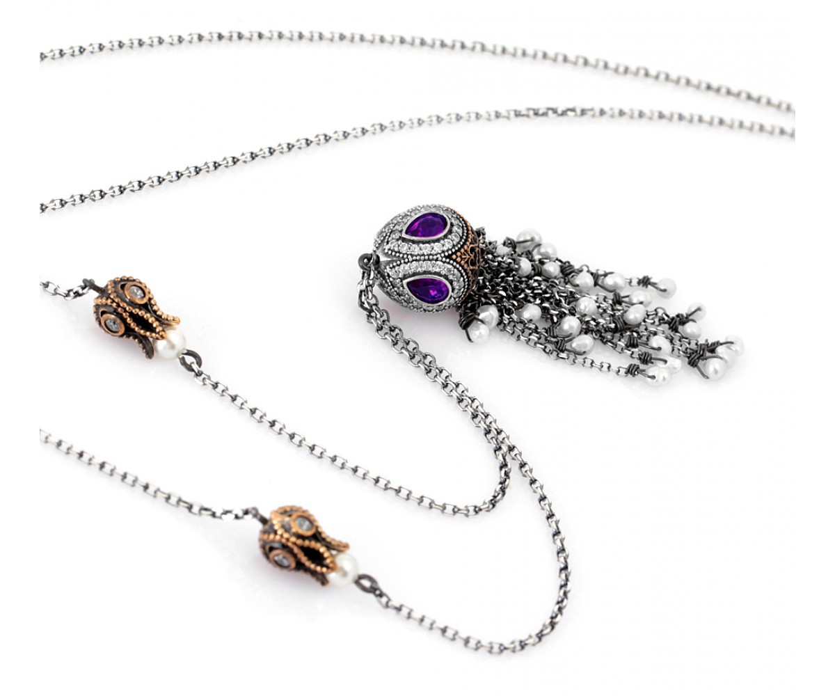 Amethyst Silver Tassel Necklace for evil eye protection