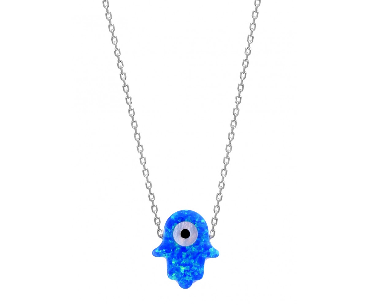 Blue Opal Hamsa Necklace with Evil Eye for evil eye protection