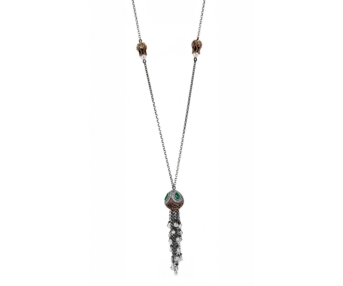 Emerald Silver Tassel Necklace for evil eye protection
