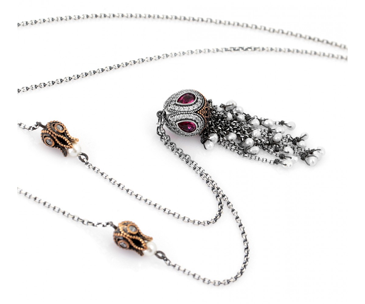 Gemstone Silver Tassel Necklace for evil eye protection