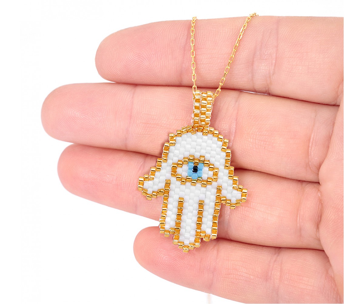 Hamsa Hand Necklace with Seed Beads for evil eye protection
