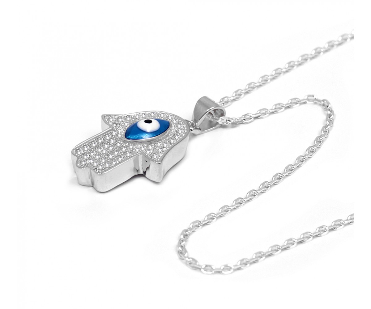 Hamsa Necklace with Enameled Eye for evil eye protection