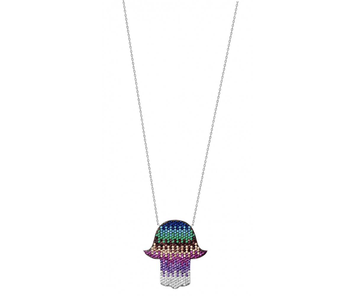 Hamsa Necklace with Multicolor Cz Stones for evil eye protection