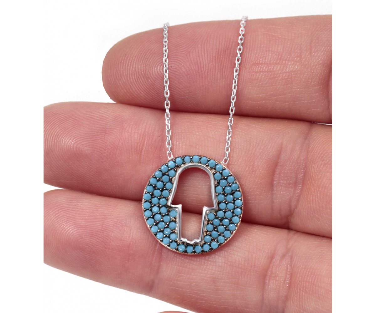 Hamsa Necklace with Nano Turquoise Stones for evil eye protection