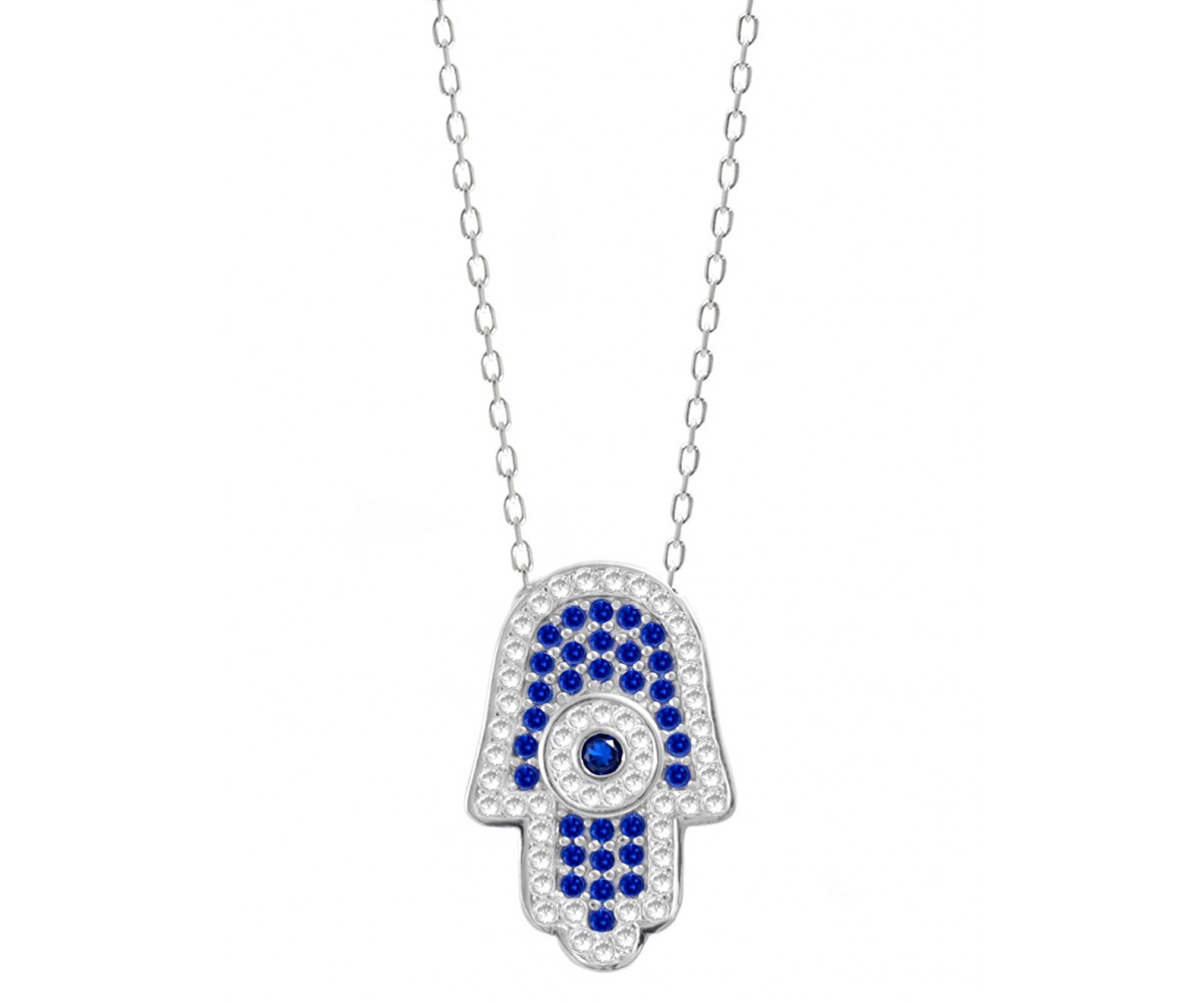 Hamsa Necklace with Sapphire Blue Cz Stones for evil eye protection