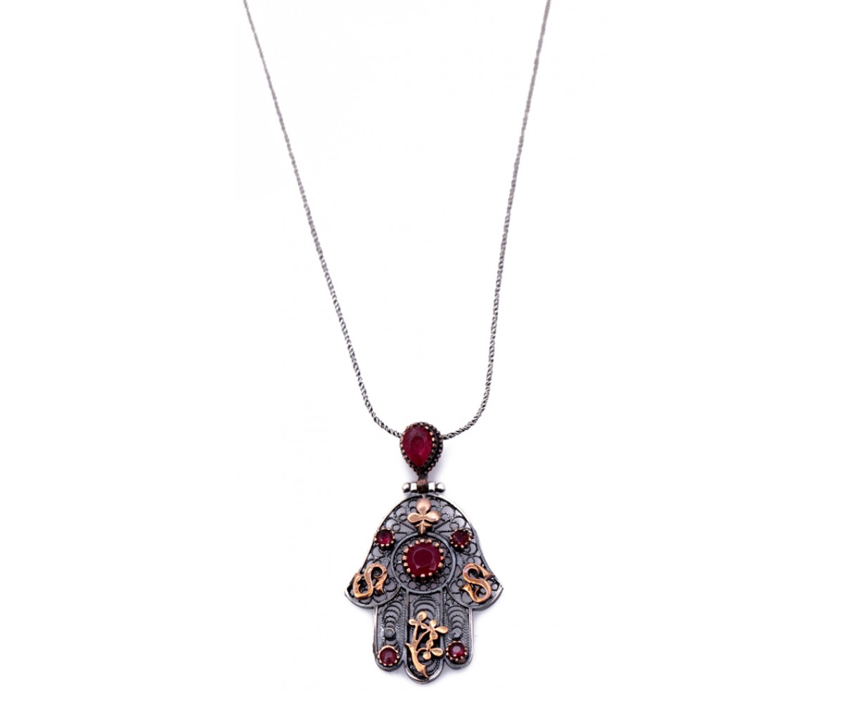 Hand of Fatima Ruby Necklace for evil eye protection