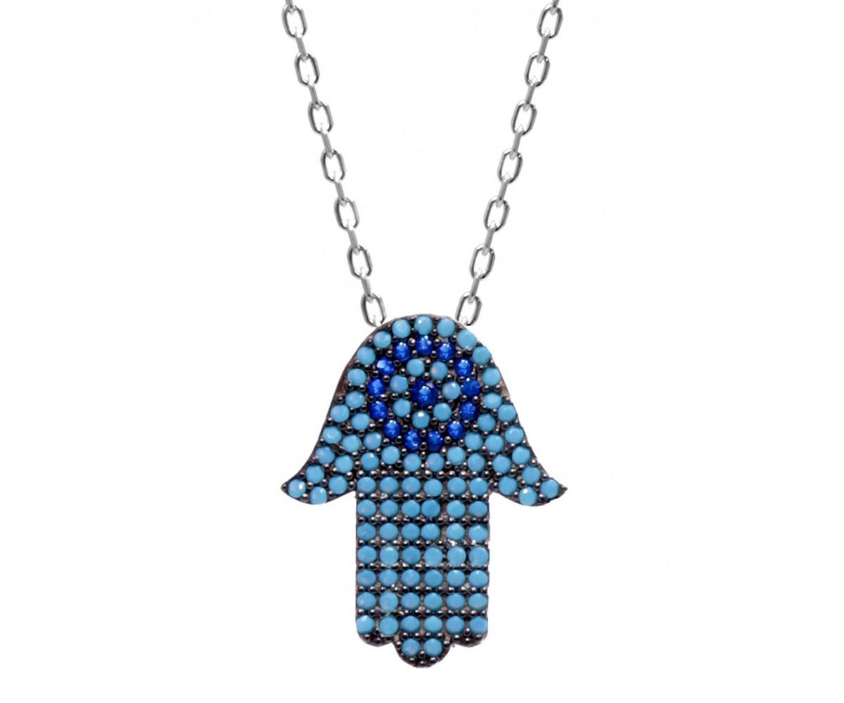 Nano Turquoise Silver Hamsa Necklace for evil eye protection