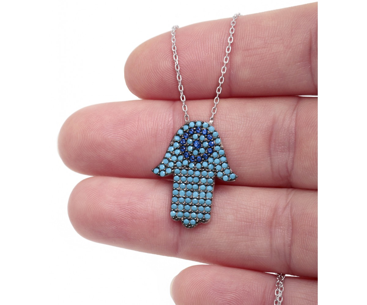 Nano Turquoise Silver Hamsa Necklace for evil eye protection