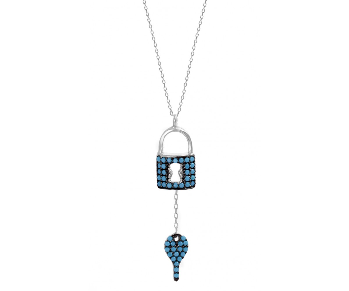 Padlock Necklace with Turquoise Stones. for evil eye protection