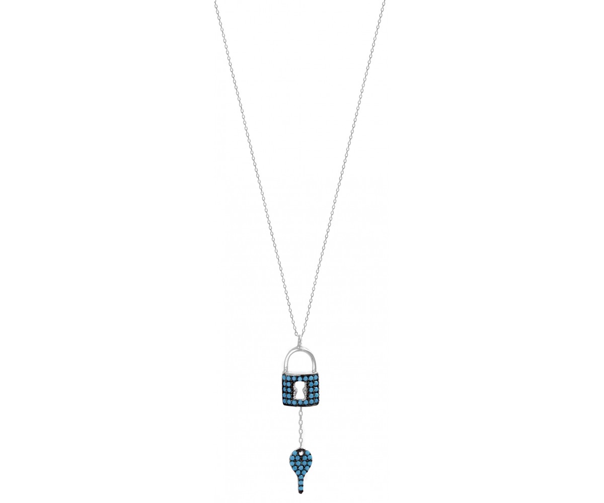 Padlock Necklace with Turquoise Stones. for evil eye protection