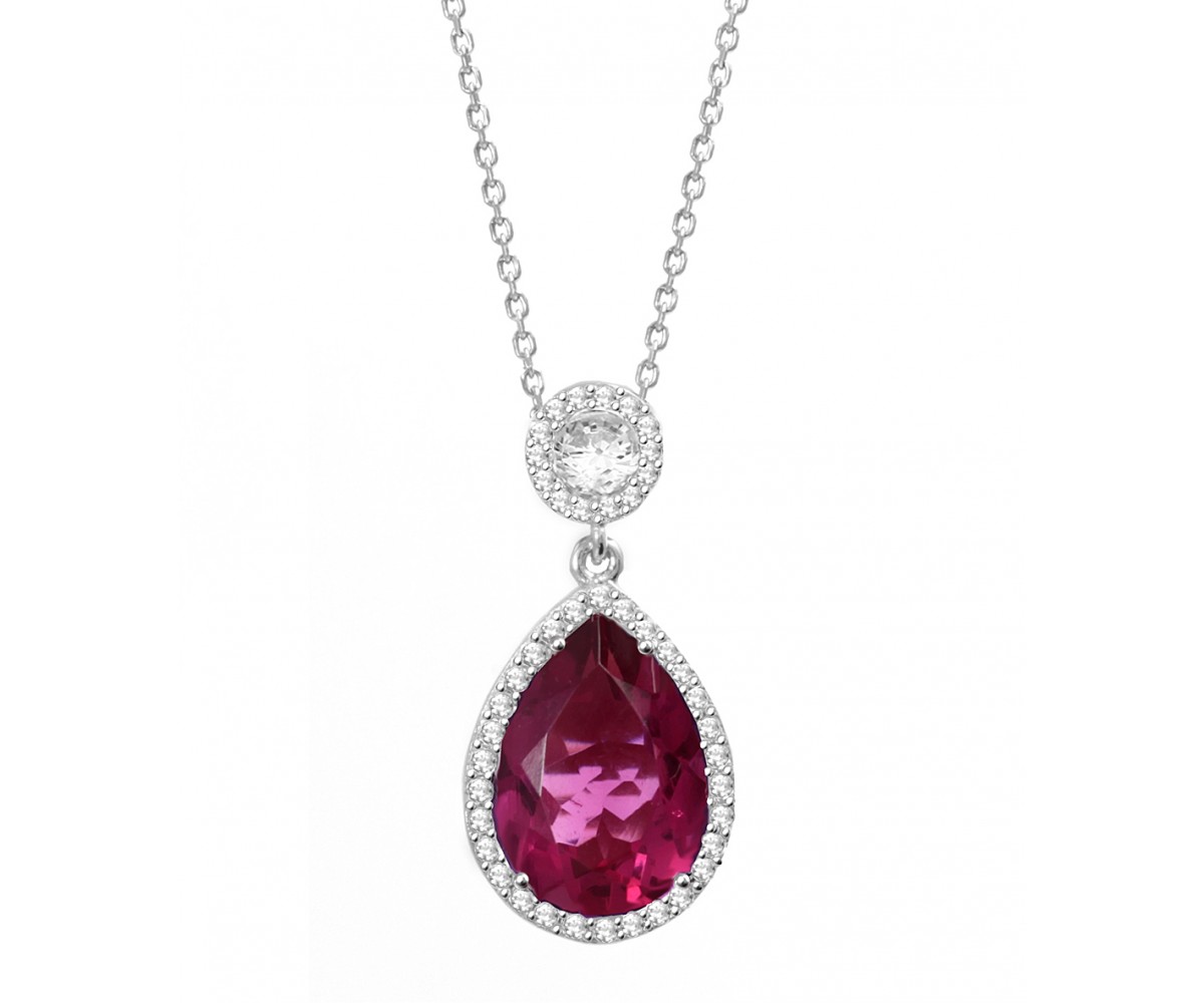 Rubellite Tourmaline Silver CZ Necklace for evil eye protection