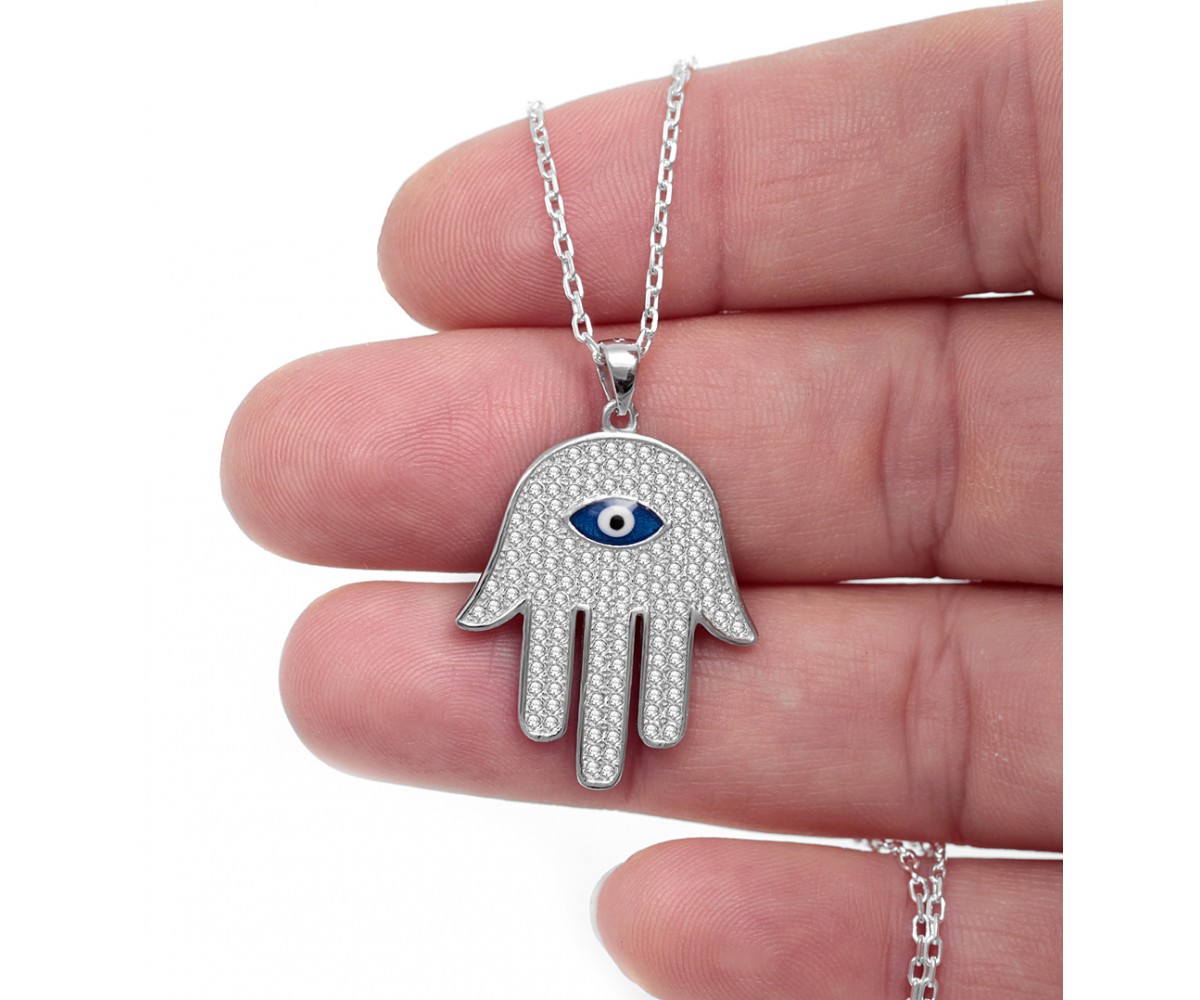 Silver Evil Eye Hamsa Necklace with Cz Stones for evil eye protection