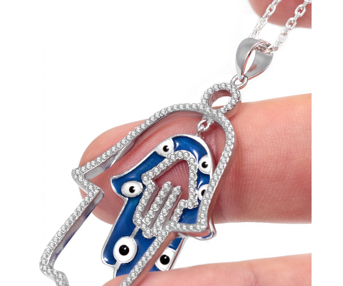 Silver Hamsa Hand Necklace for evil eye protection