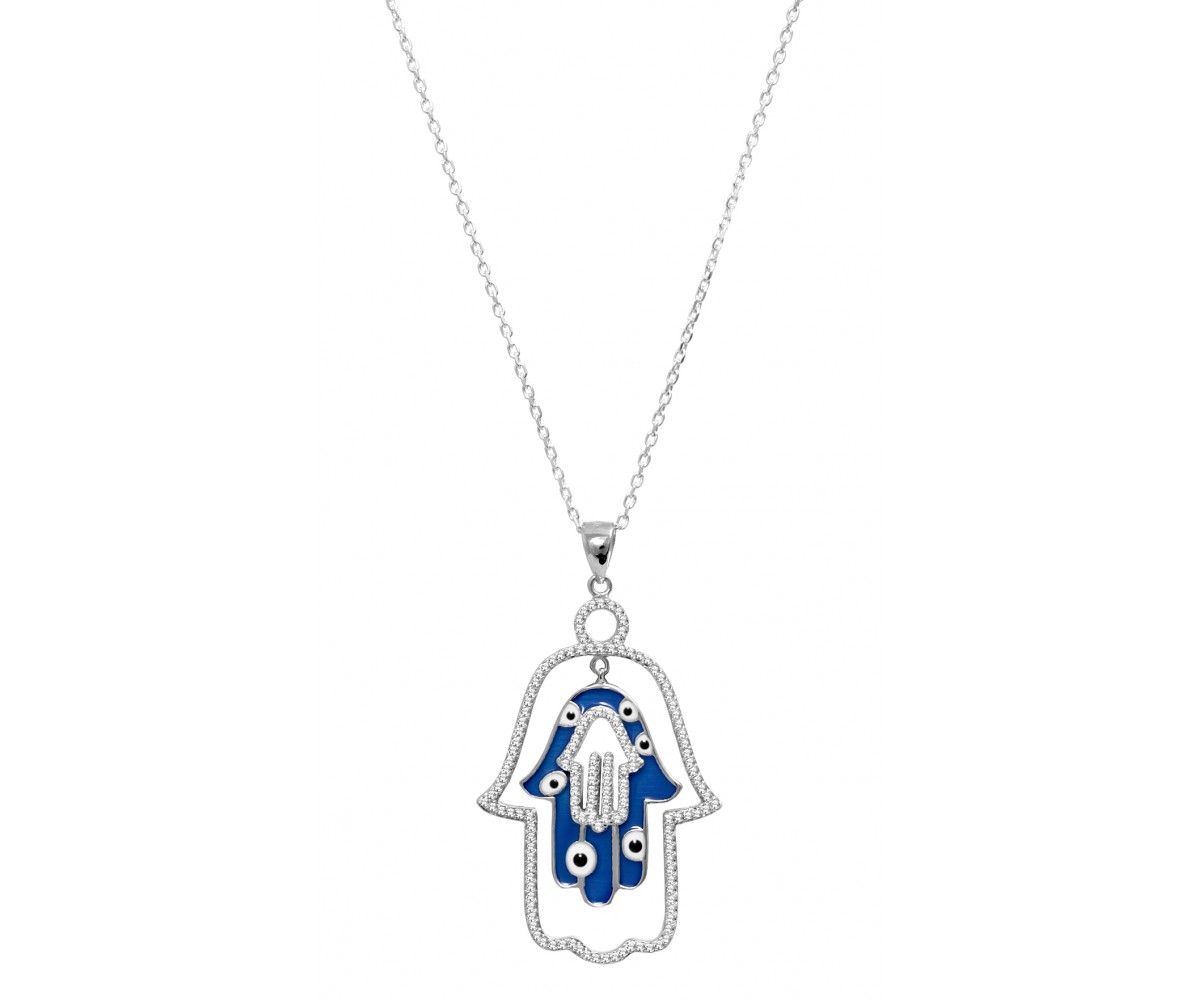 Silver Hamsa Hand Necklace for evil eye protection