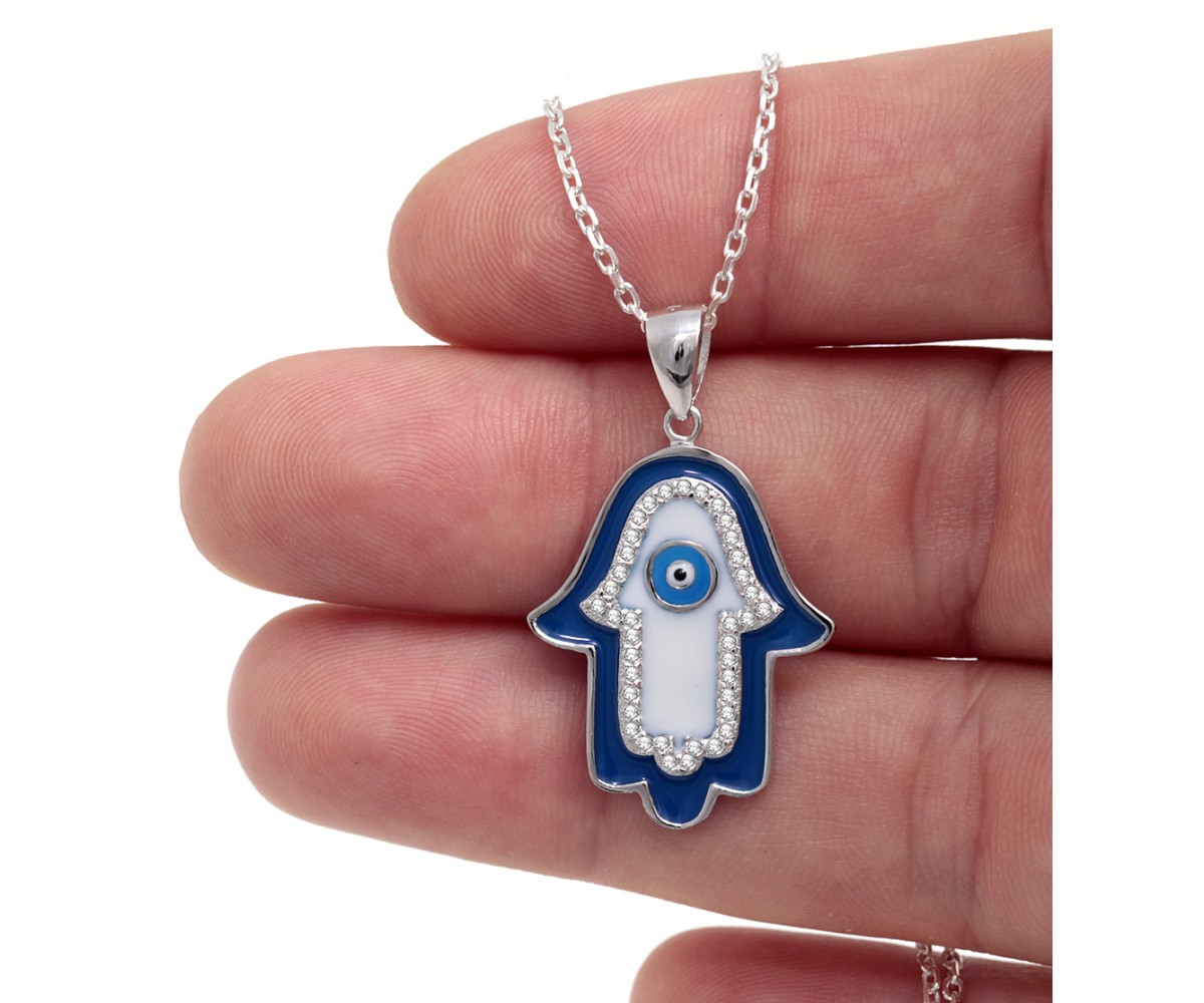 Silver Hamsa Necklace with Cz Stones for evil eye protection