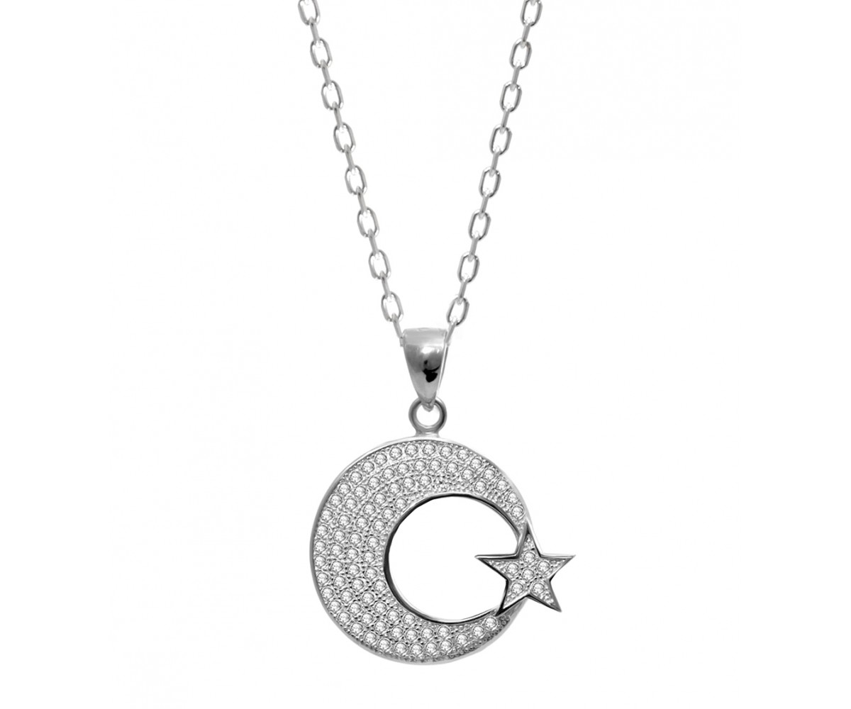 Silver Necklace with Crescent Moon and Star for evil eye protection