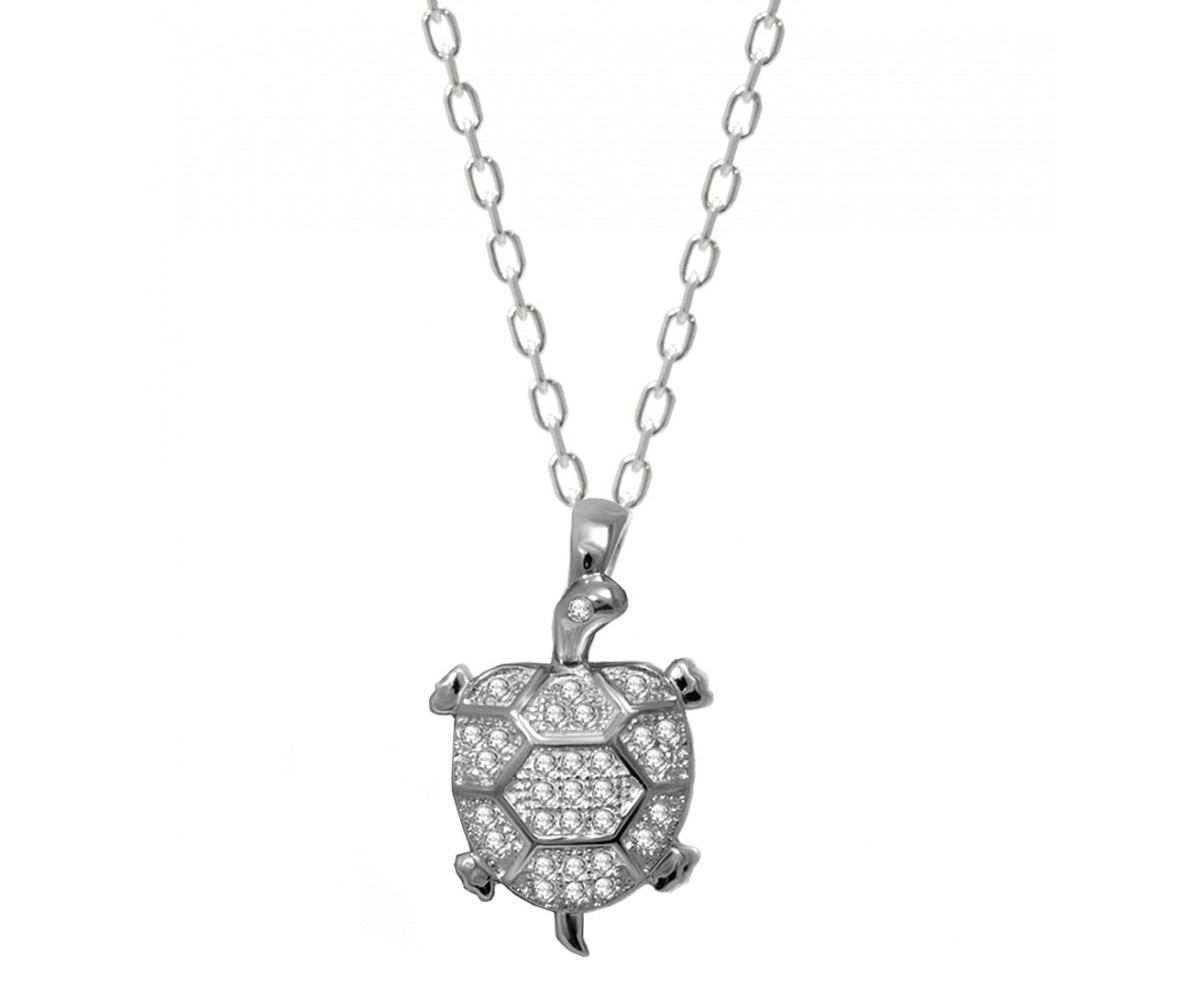 Silver Necklace with Cz Stone Turtle Charm for evil eye protection