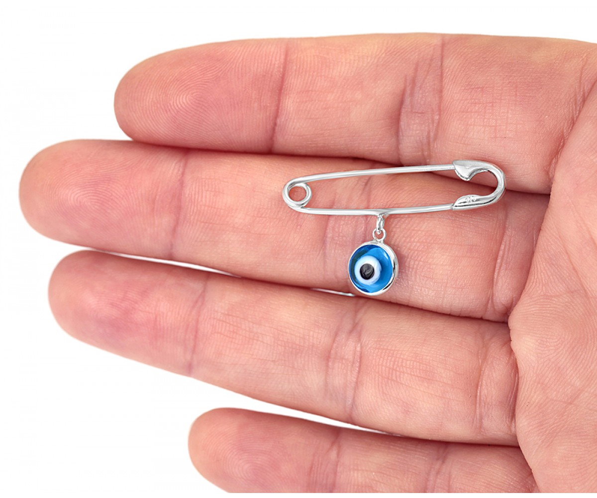 Silver Safty Pin with Blue Evil Eye for evil eye protection