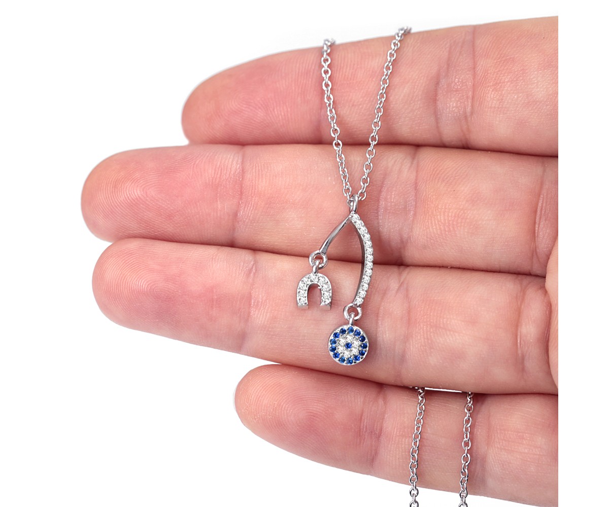Silver Wishbone Necklace with Evil Eye Charm for evil eye protection