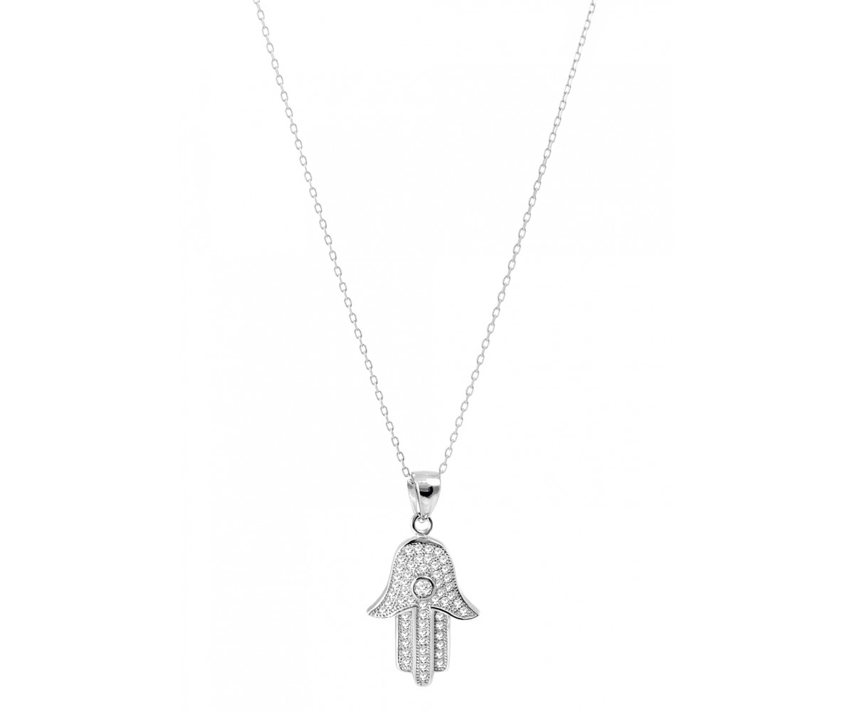 Sterling Silver Hamsa Hand Cz Necklace for evil eye protection