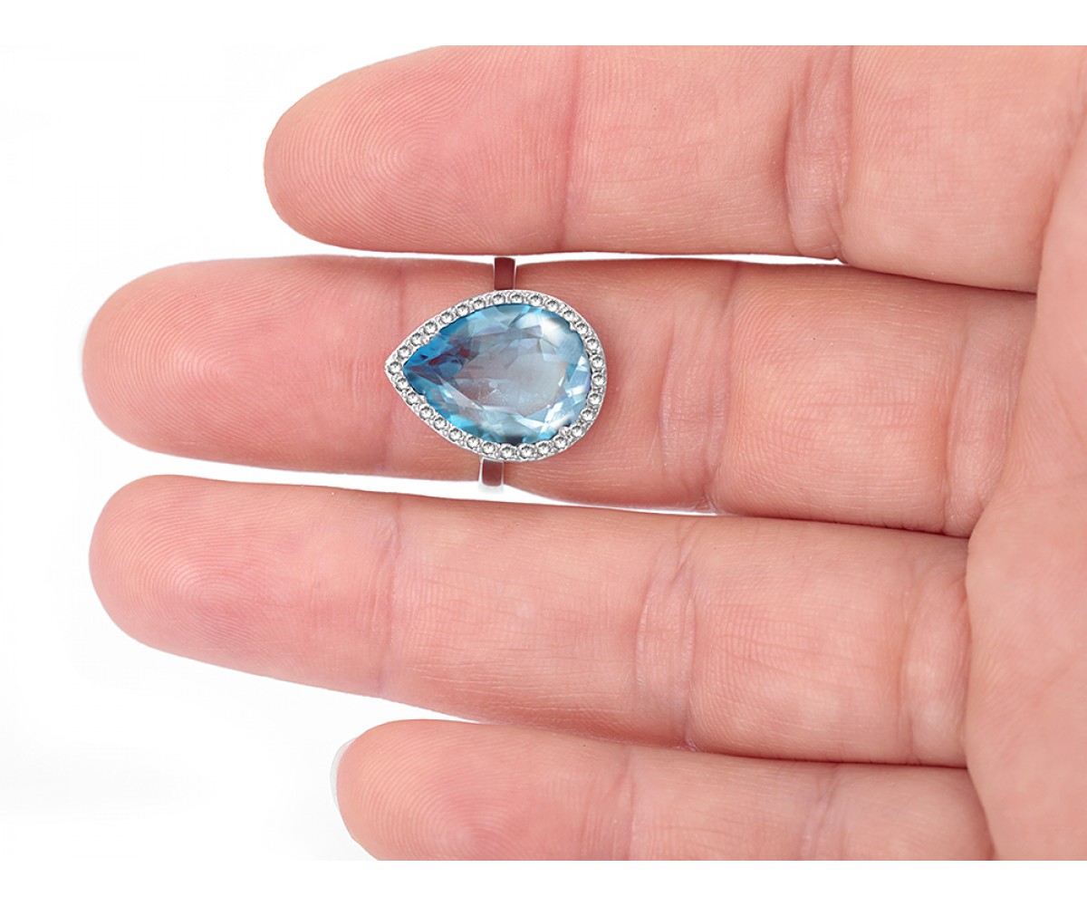 Blue Topaz Quartz Silver CZ Ring for evil eye protection
