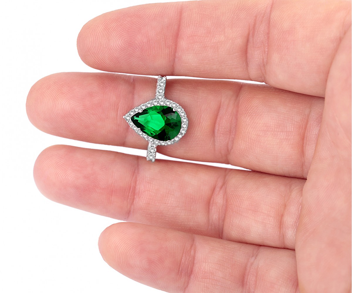 Emerald Quartz Silver CZ Ring for evil eye protection