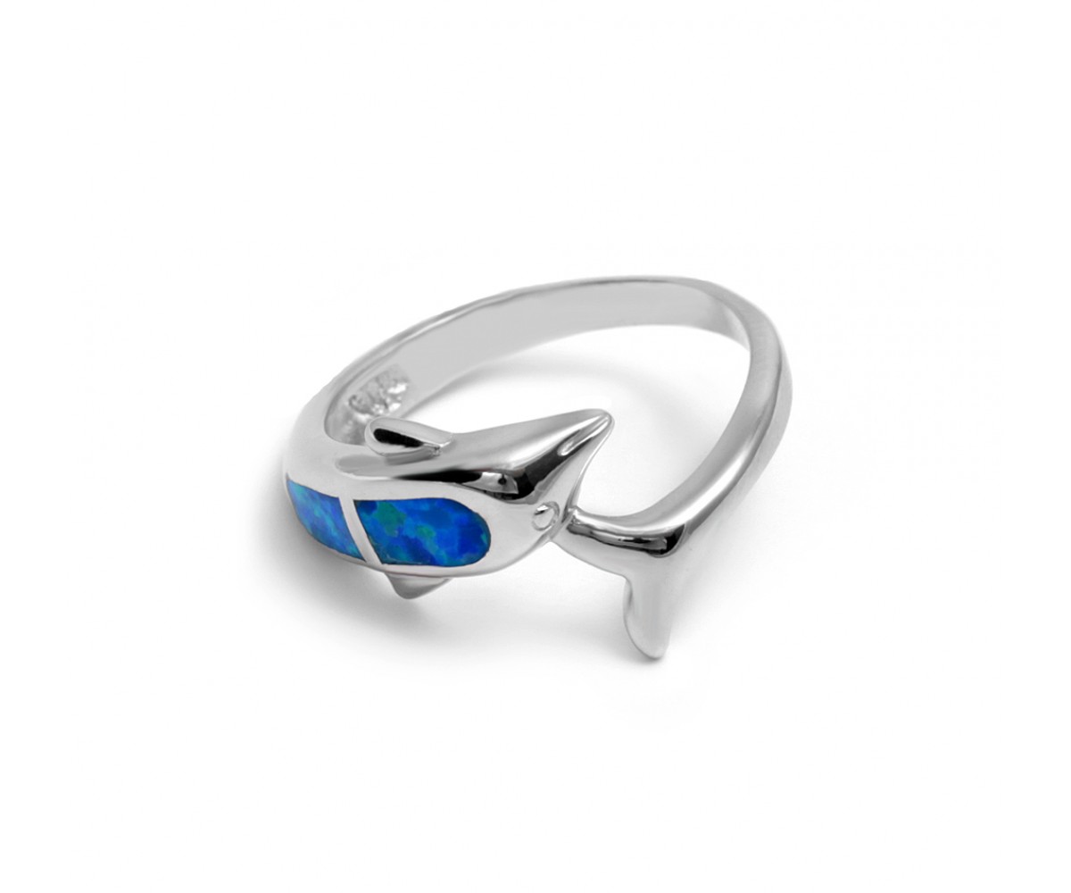 Silver Dolphin Inlay Ring w Blue Opal for evil eye protection