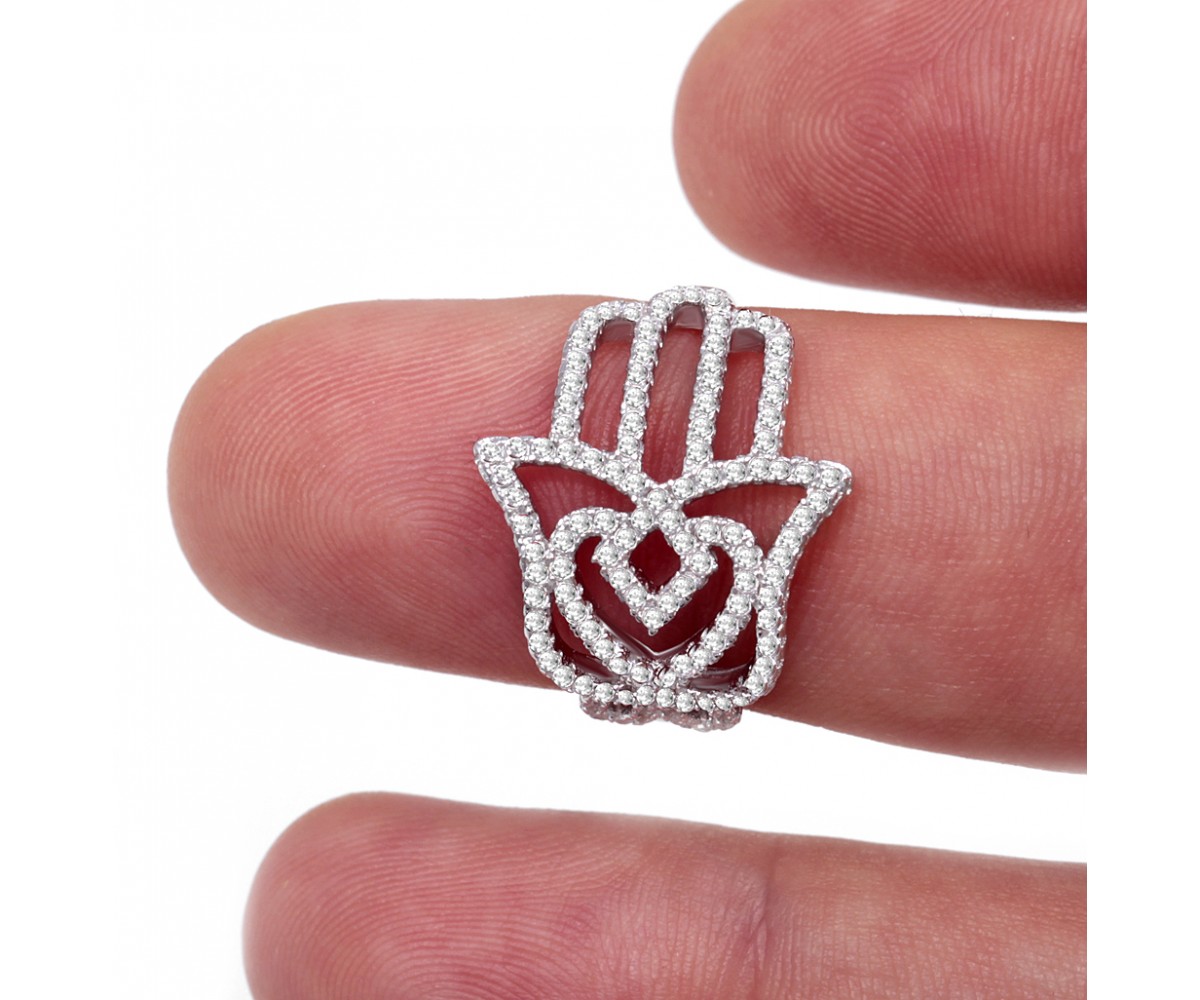 Hamsa Hand Ring with Cubic Zirconia Stones for evil eye protection