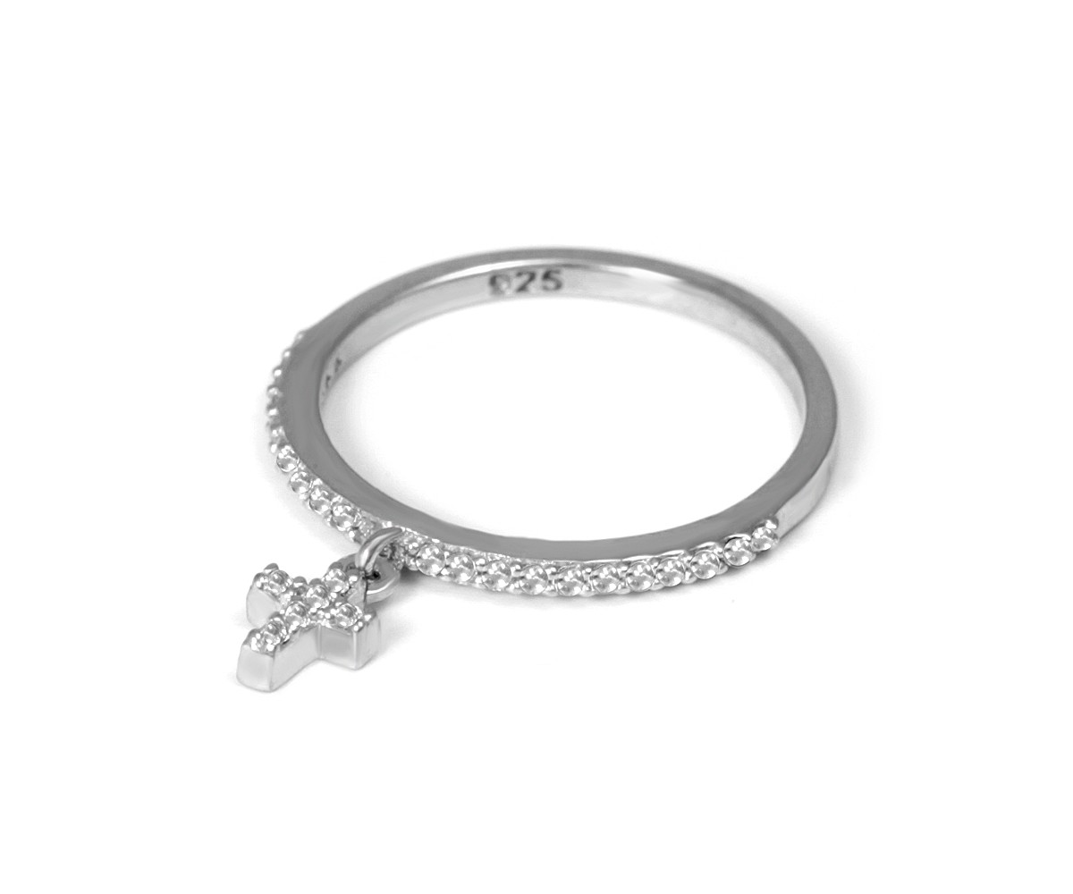 Silver Ring with Mini Dangling Cross for evil eye protection