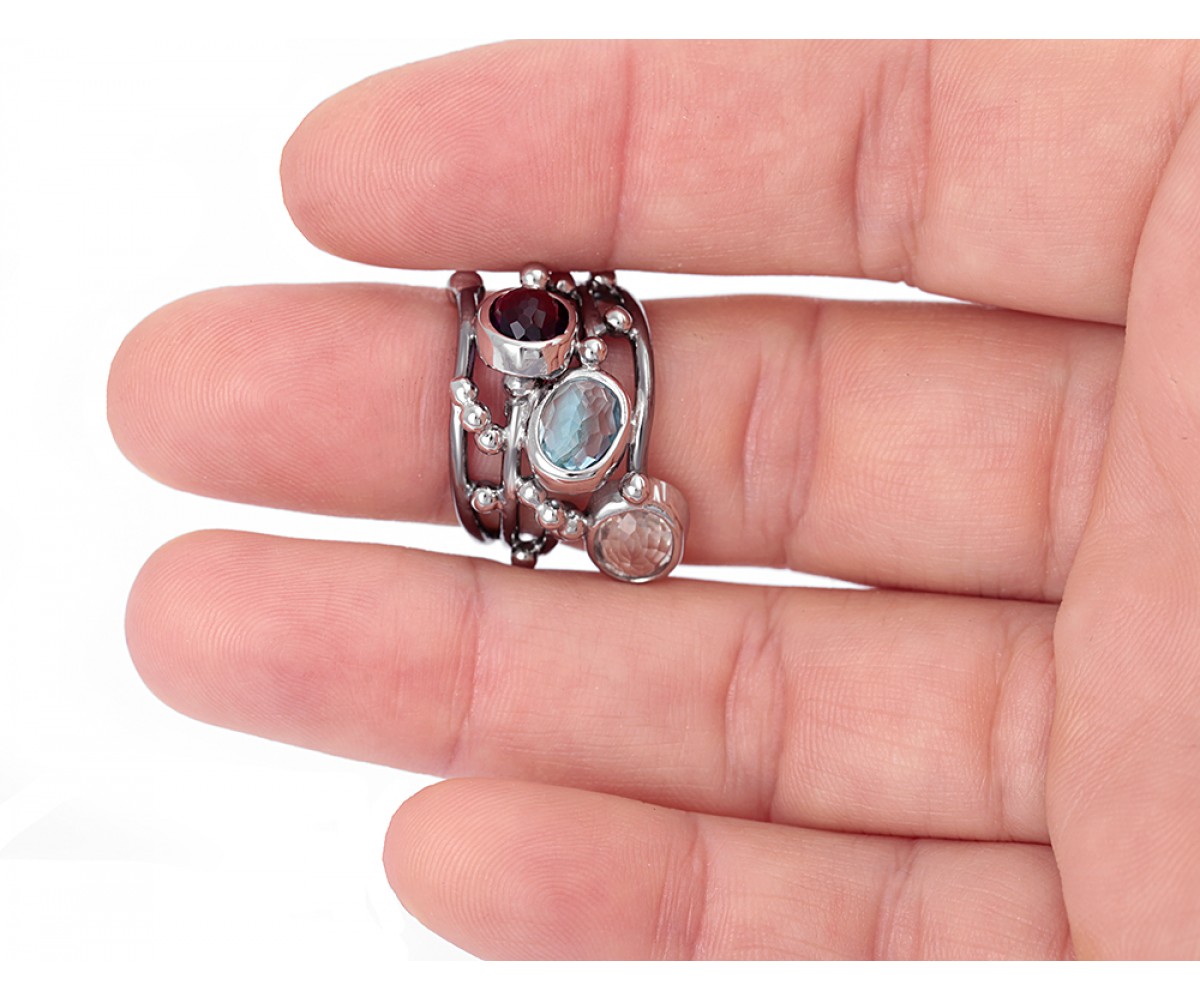 Three Stones Silver Ring for evil eye protection